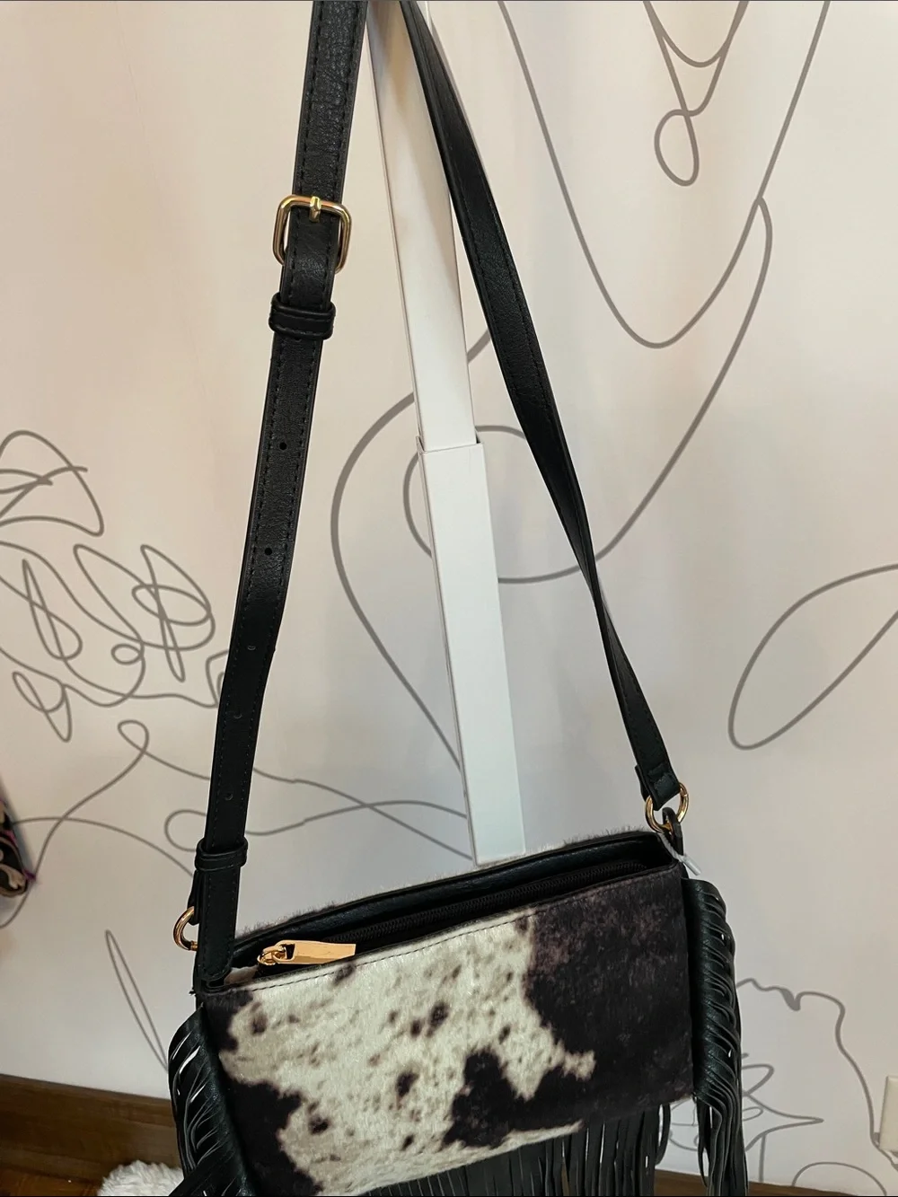 Fringed Calf Hair Cow Printed Crossbody Bag in Cream & Brown w/ Black Strap